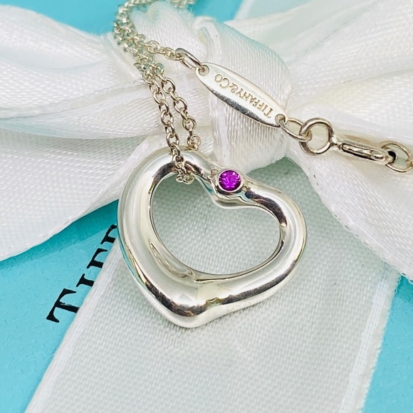 Tiffany & Co pink sapphire open heart necklace 925 Elsa Peretti  MSRP $850 - Picture 1 of 7